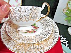 AYNSLEY tea cup and saucer trio roses gold gilt teacup cabbage rose England Oban