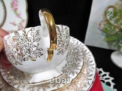 AYNSLEY tea cup and saucer trio roses gold gilt teacup cabbage rose England Oban