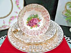 AYNSLEY tea cup and saucer trio roses gold gilt teacup cabbage rose England Oban