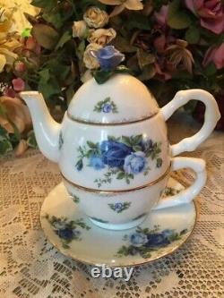 A NIB Royal Albert Moonlight Rose Stackable Teapot, Teacup & Saucer