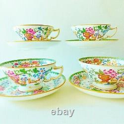 Amazing Set Of Four Antique Minton Porcelain Hand Painted Cups & Saucers Green