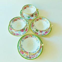 Amazing Set Of Four Antique Minton Porcelain Hand Painted Cups & Saucers Green