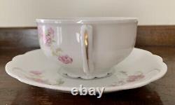 Antique (1884 1909) MZ Austria Pink Roses Footed Tea Cup & Saucer Set of 6