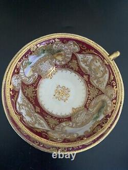 Antique 1890 Morimura Nippon Tea Cup Saucer Red Scenic Medallions Heavy Gilded