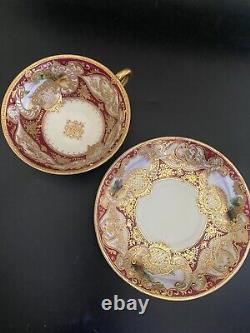 Antique 1890 Morimura Nippon Tea Cup Saucer Red Scenic Medallions Heavy Gilded