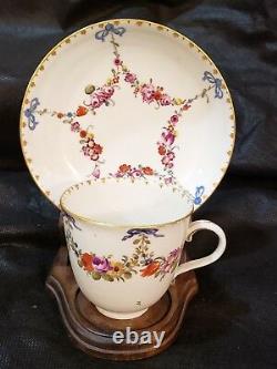 Antique 18thC Ludwigsburg Floral Garland blue bow teacup & Saucer Porcelain Rare