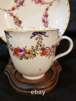 Antique 18thC Ludwigsburg Floral Garland blue bow teacup & Saucer Porcelain Rare