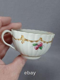 Antique 18th Century Dr Wall Worcester Hand Painted Fruit Gold Tea Cup & Saucer