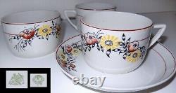 Antique 1920s Russian Tea Cup & Saucer Porcelain SET 5 Enamel Flowers Red Yellow