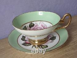 Antique 1930's England large pink rose green bone china tea cup teacup & saucer