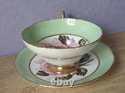 Antique 1930's England large pink rose green bone china tea cup teacup & saucer