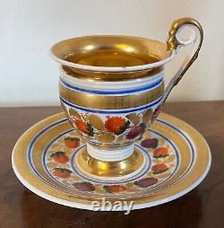 Antique 19th century Paris Porcelain French Empire Tea Cup & Saucer Gilt Gold