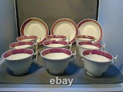 Antique 19th century Porcelain Luster Set 9 Tea Cups & Saucers Pink Lusterware