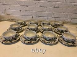 Antique Asian Porcelain Set of 12 Cups and Saucers with Hand Painted Floral Dec
