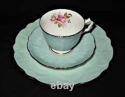 Antique Aynsley Bone China Tea Cup Saucer & Plate Set 27189 Cabbage Rose Lt Blue