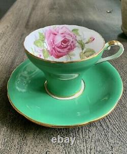 Antique Aynsley Pink Cabbage Rose Pink On Jade Green Cup & Saucer