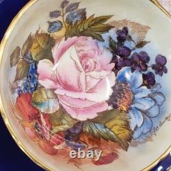 Antique Aynsley Signed cobalt blue Rose Flower Tea Cup & Saucer Rare