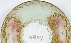 Antique BTD Limoges Green Porcelain Cup Saucer Embossed Gilded Hand Painted Bird