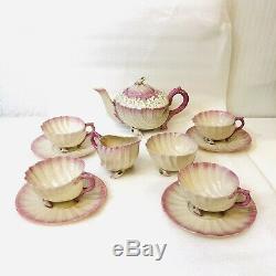 Antique Belleek Neptune Pink Tea Set Teapot Creamer Sugar 4 Cups & Saucers