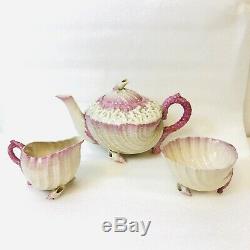 Antique Belleek Neptune Pink Tea Set Teapot Creamer Sugar 4 Cups & Saucers