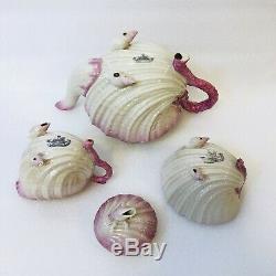 Antique Belleek Neptune Pink Tea Set Teapot Creamer Sugar 4 Cups & Saucers