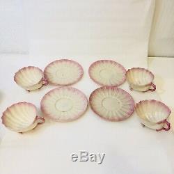 Antique Belleek Neptune Pink Tea Set Teapot Creamer Sugar 4 Cups & Saucers