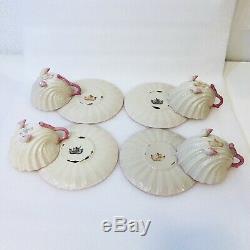 Antique Belleek Neptune Pink Tea Set Teapot Creamer Sugar 4 Cups & Saucers