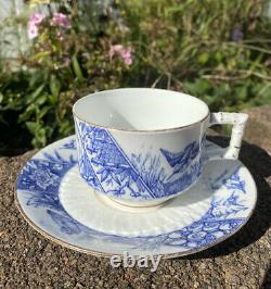 Antique Bodley Bamboo Handle Bird Tea Cup & Saucers Blue White Aesthetic
