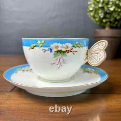 Antique Butterfly Handle Tea Cup & Saucer Set Unknown Maker Unmarked Bone China