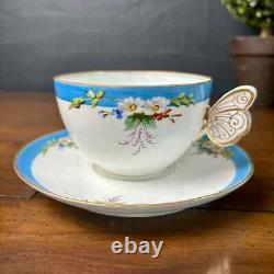 Antique Butterfly Handle Tea Cup & Saucer Set Unknown Maker Unmarked Bone China