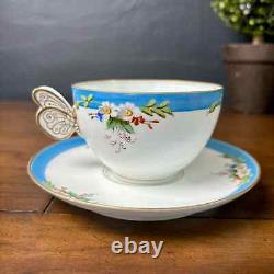 Antique Butterfly Handle Tea Cup & Saucer Set Unknown Maker Unmarked Bone China