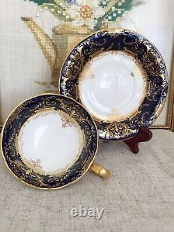 Antique CAULDON Cobalt Blue & Gold Filigree Bone China England Teacup & Saucer