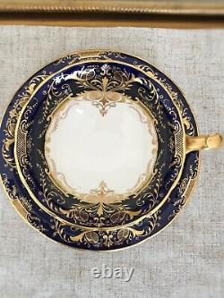 Antique CAULDON Cobalt Blue & Gold Filigree Bone China England Teacup & Saucer