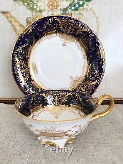 Antique CAULDON Cobalt Blue & Gold Filigree Bone China England Teacup & Saucer