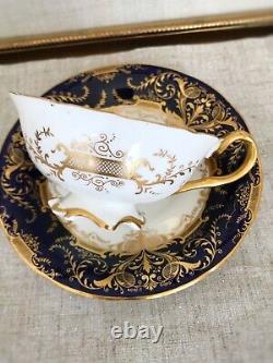 Antique CAULDON Cobalt Blue & Gold Filigree Bone China England Teacup & Saucer