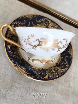 Antique CAULDON Cobalt Blue & Gold Filigree Bone China England Teacup & Saucer