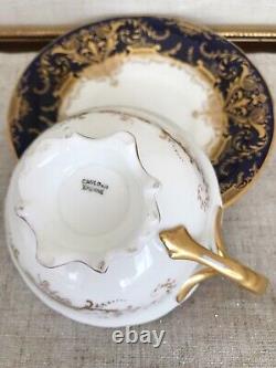 Antique CAULDON Cobalt Blue & Gold Filigree Bone China England Teacup & Saucer