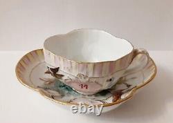 Antique Capodimonte Naples Tea Cup & Saucer, Meissen Style Swan Aquatic Figures