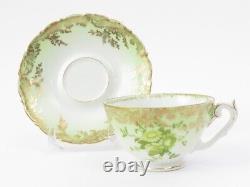 Antique Carlsbad Fine Bone China Set of 9 Teacups & Saucers Green Gold Floral