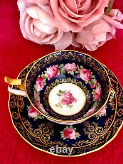 Antique Cauldon Cobalt Blue Pink Cabbage Roses Gold Ornate Tea Cup Saucer READ