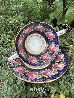 Antique Cauldon Double Handle Tea Cup & Saucer Roses