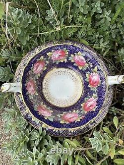 Antique Cauldon Double Handle Tea Cup & Saucer Roses