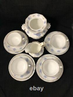 Antique Chelsea Ware 14-PC Tea Set with Creamer, Sugar Blue Thistle RARE Gold Trim