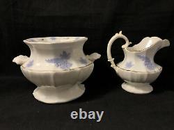 Antique Chelsea Ware 14-PC Tea Set with Creamer, Sugar Blue Thistle RARE Gold Trim