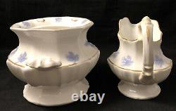 Antique Chelsea Ware 14-PC Tea Set with Creamer, Sugar Blue Thistle RARE Gold Trim