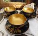 Antique Chinese Black Lacquer Tea Set Papier Mache 6 Cups 6 Saucers Gold Lined