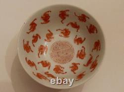 Antique Chinese Red and White Tea Cup Bowl Flying Red Bats and Shou Symbols