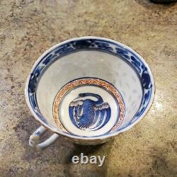 Antique Chinese Rice Grain Porcelain Tea Cup Crane Blue White Red Motif