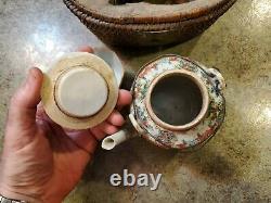 Antique Chinese Wicker Basket Teapot Teacup Travel Tea Set