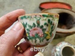 Antique Chinese Wicker Basket Teapot Teacup Travel Tea Set